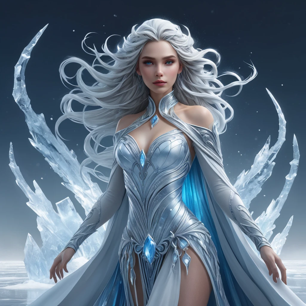 A stunning female ice sorceress standing atop a frozen lake, her hair flowing like icy tendrils in the wind, surrounded by intricate ice sculptures that glow with a blue-white light, capturing the essence of her magical prowess.