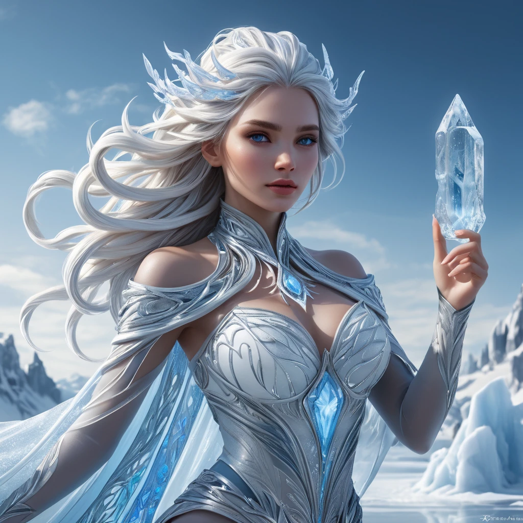 A stunning female ice sorceress standing atop a frozen lake, her hair flowing like icy tendrils in the wind, surrounded by intricate ice sculptures that glow with a blue-white light, capturing the essence of her magical prowess.