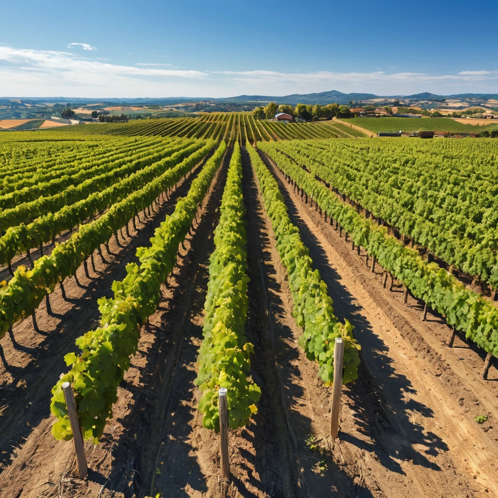 A sprawling, vibrant vineyard at harvest time, rows of grapevines stretching to the horizon under a clear, blue sky, with workers bustling among the vines.