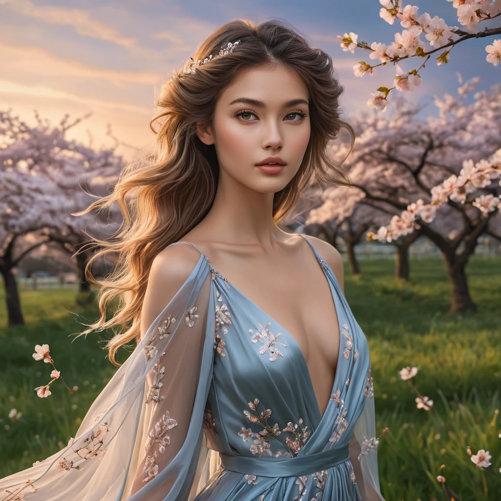 A stunning model with ethereal features, standing amidst a field of blooming cherry blossoms under a twilight sky, her hair flowing like silk in the gentle breeze.