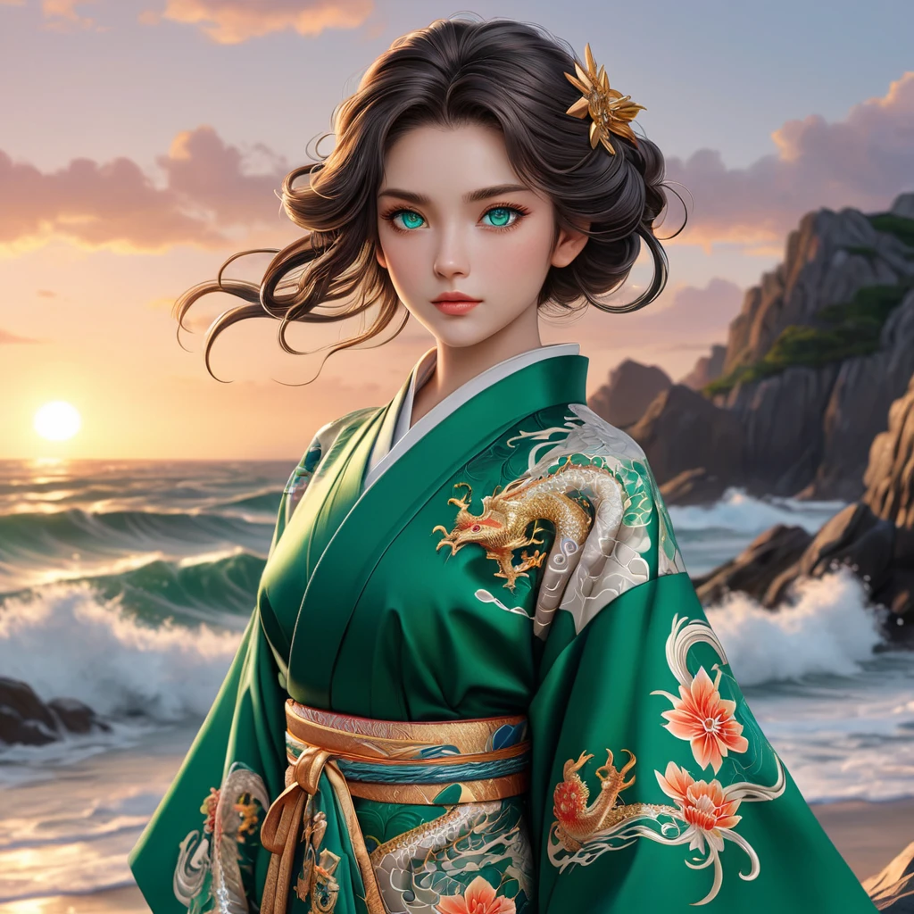 An anime character with striking emerald eyes, dressed in a traditional Japanese kimono adorned with intricate patterns of waves and dragons, standing on a rocky shore at sunset, the ocean waves crashing behind her.