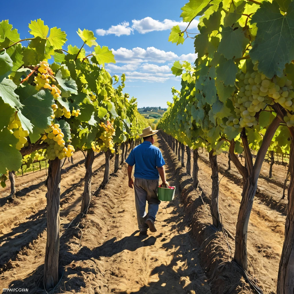 A sprawling, vibrant vineyard at harvest time, rows of grapevines stretching to the horizon under a clear, blue sky, with workers bustling among the vines.