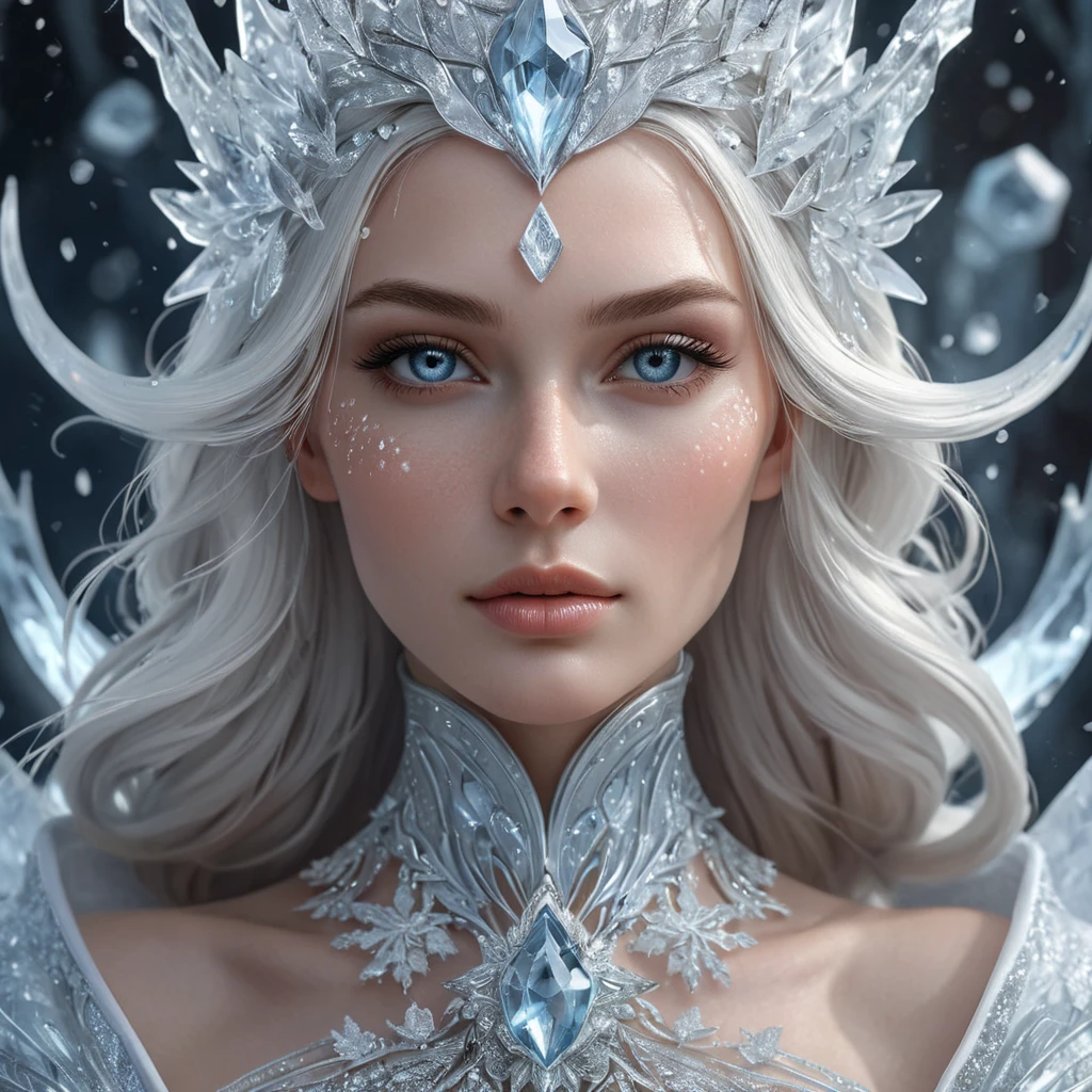 A close-up of a beautiful female ice sorceress, her skin pale as snow, adorned with intricate ice patterns that seem to move and breathe, her expression serene yet powerful, surrounded by a halo of floating ice crystals.