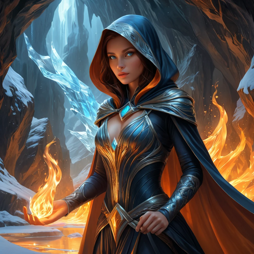 A mesmerizing female fire sorceress, cloaked in a veil of shimmering fire, standing within a cavern of crystal-clear ice, her presence causing the air to shimmer with heat, her eyes reflecting both fire and ice, a paradox of power.