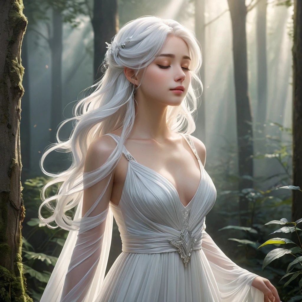 An ethereal anime character with flowing white hair, wearing a simple yet elegant gown, standing in a misty forest, the light filtering through the trees creating a halo around her, her eyes closed in peaceful meditation.