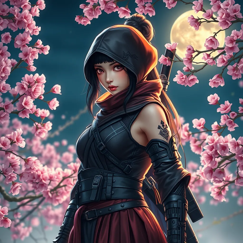 A beautiful female ninja standing amidst a serene cherry blossom garden under a full moon, her outfit a blend of traditional Japanese attire and modern tactical gear, her eyes sharp and focused, with soft, ethereal lighting enhancing her mysterious presence