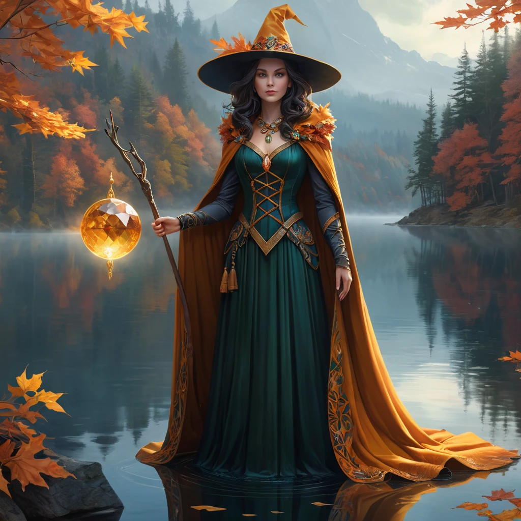 A majestic female witch, adorned in a cloak of autumn leaves, stands at the edge of a vast, misty lake, her staff topped with a glowing, pulsating gem, the water reflecting the vibrant colors of her attire and the surrounding forest.