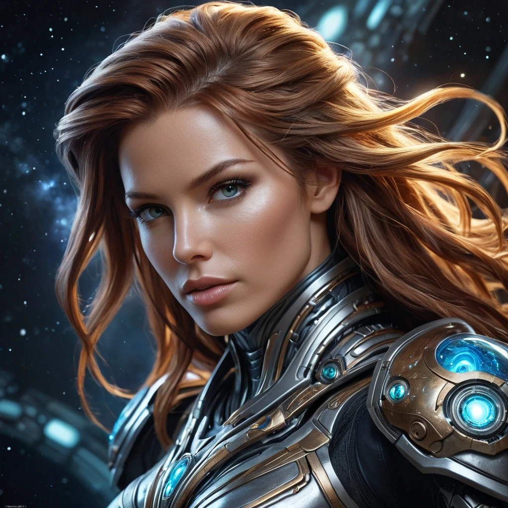 A portrait of Sarah Kerrigan as a powerful yet graceful warrior, her body adorned with intricate, biomechanical armor that pulsates with a soft, bioluminescent glow, her hair flowing like tendrils of smoke, captured in a moment of intense focus, with a backdrop of a star-filled galaxy.