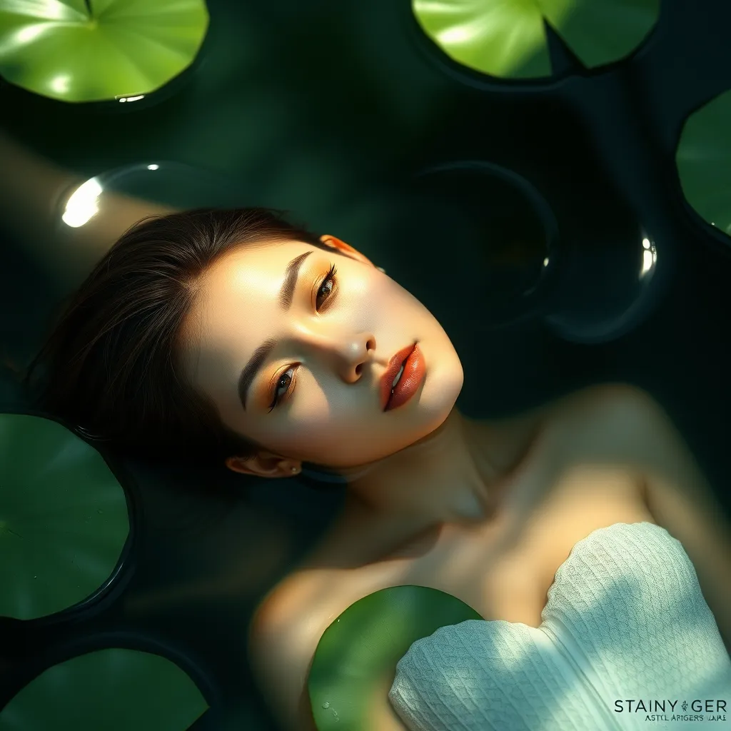 A gorgeous model with a serene expression, floating in a tranquil pool of water, surrounded by lily pads and soft, diffused sunlight creating a halo effect around her.