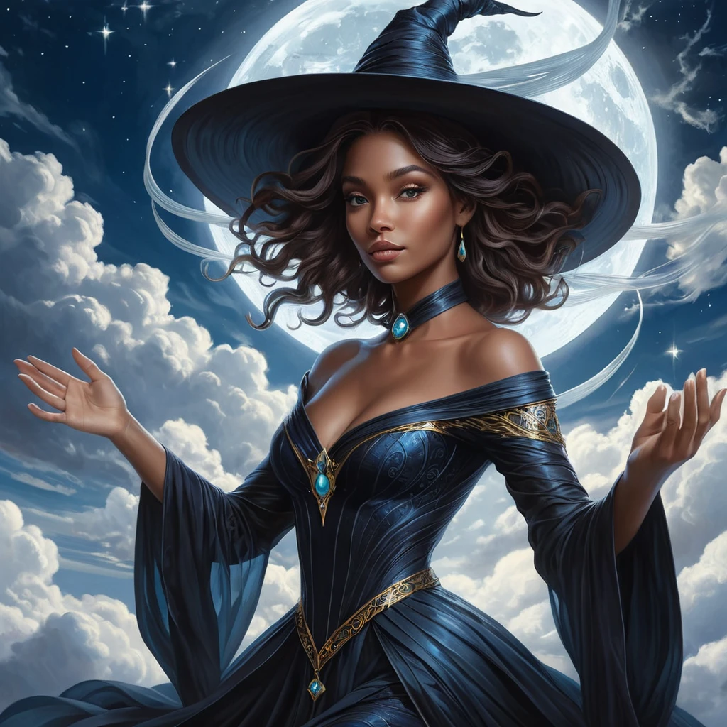 A captivating female witch, with hair as dark as midnight and skin as pale as moonlight, floats above a sea of clouds, her hands weaving patterns in the air as she casts a spell, the sky above her filled with streaks of iridescent light.