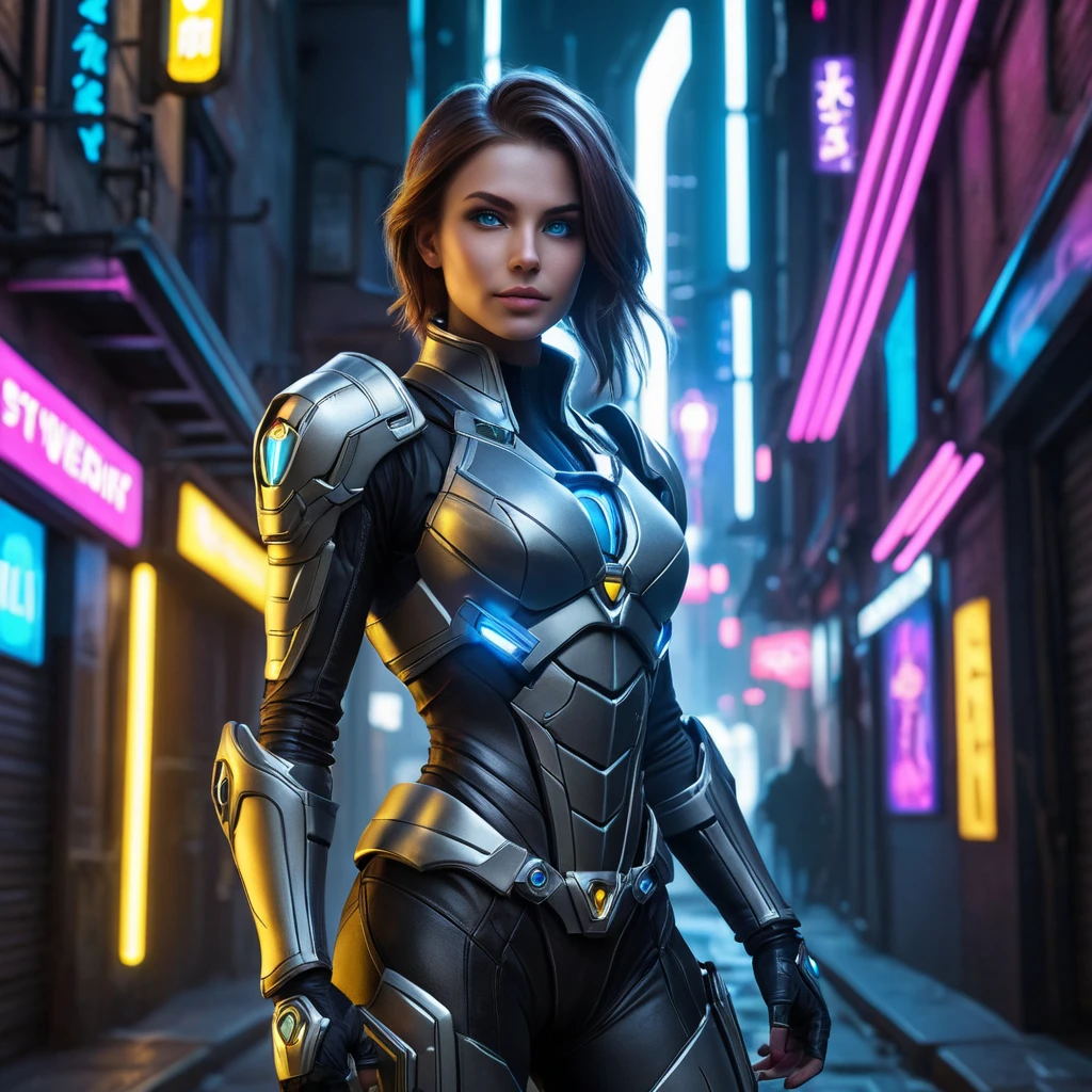 A stunning female rogue from StarCraft, standing amidst a dimly lit, futuristic alleyway, her silhouette sharply defined by neon lights, her eyes gleaming with a mischievous glint, detailed armor reflecting the city's glow, dynamic pose suggesting agility and stealth.