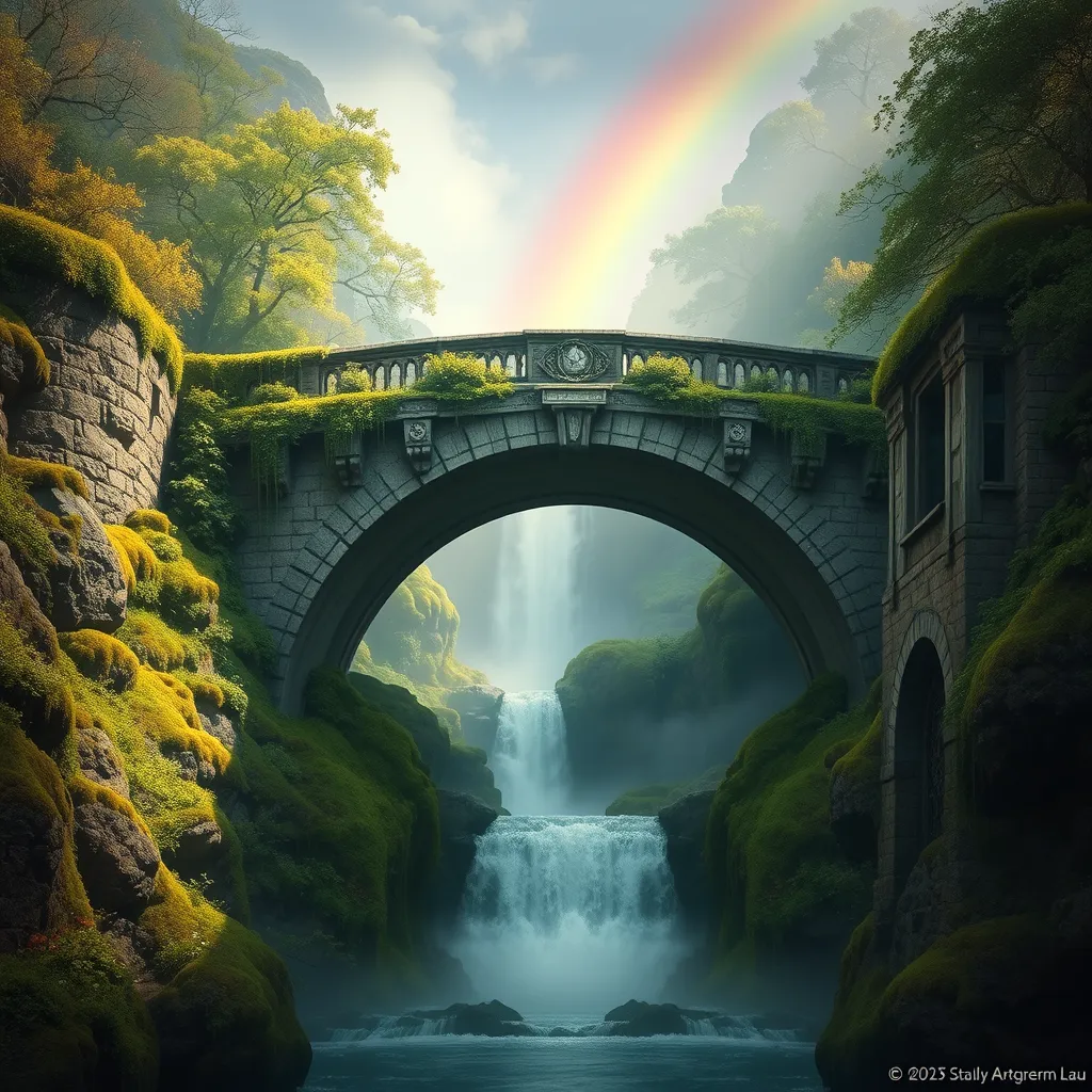 An ancient, moss-covered stone bridge arching over a cascading waterfall, with mist rising to meet a vibrant rainbow.