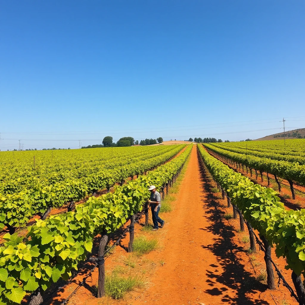 A sprawling, vibrant vineyard at harvest time, rows of grapevines stretching to the horizon under a clear, blue sky, with workers bustling among the vines.