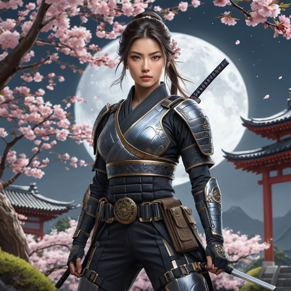 A beautiful female ninja standing amidst a serene cherry blossom garden under a full moon, her outfit a blend of traditional Japanese attire and modern tactical gear, her eyes sharp and focused, with soft, ethereal lighting enhancing her mysterious presence