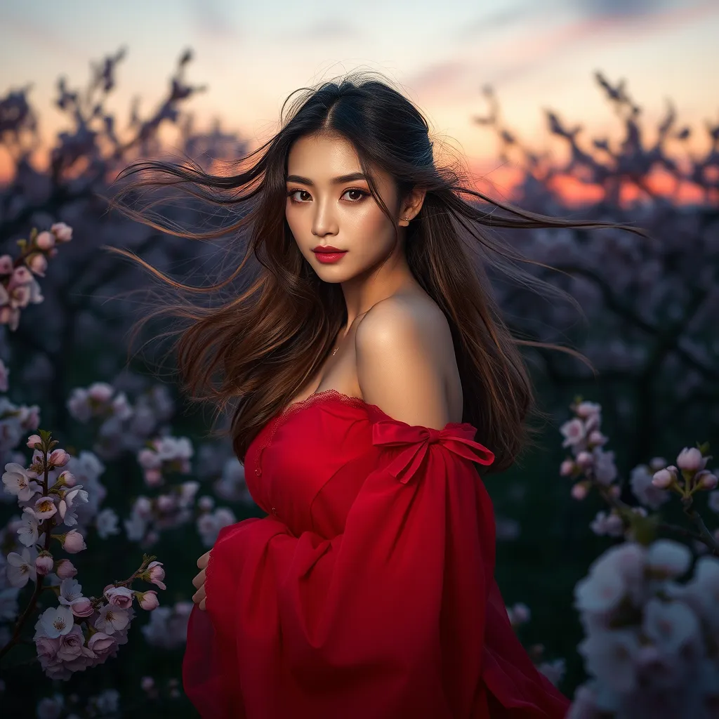 A stunning model with ethereal features, standing amidst a field of blooming cherry blossoms under a twilight sky, her hair flowing like silk in the gentle breeze.