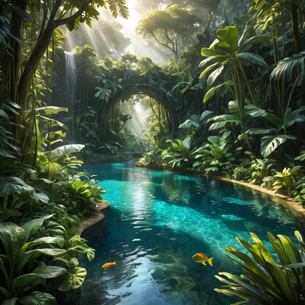 A lush, overgrown jungle clearing, where sunlight filters through dense foliage, illuminating a crystal-clear pool teeming with exotic wildlife.