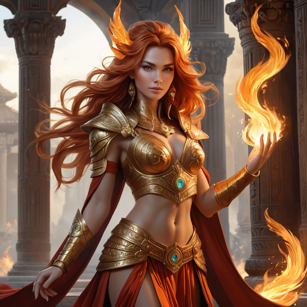 A stunning female fire sorceress, depicted in a grand, ancient temple, surrounded by pillars carved with fiery symbols, her attire a blend of flowing robes and fiery armor, her hair ablaze with ethereal fire, her expression serene yet powerful.