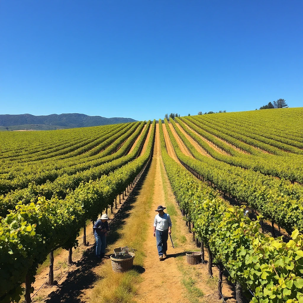 A sprawling, vibrant vineyard at harvest time, rows of grapevines stretching to the horizon under a clear, blue sky, with workers bustling among the vines.