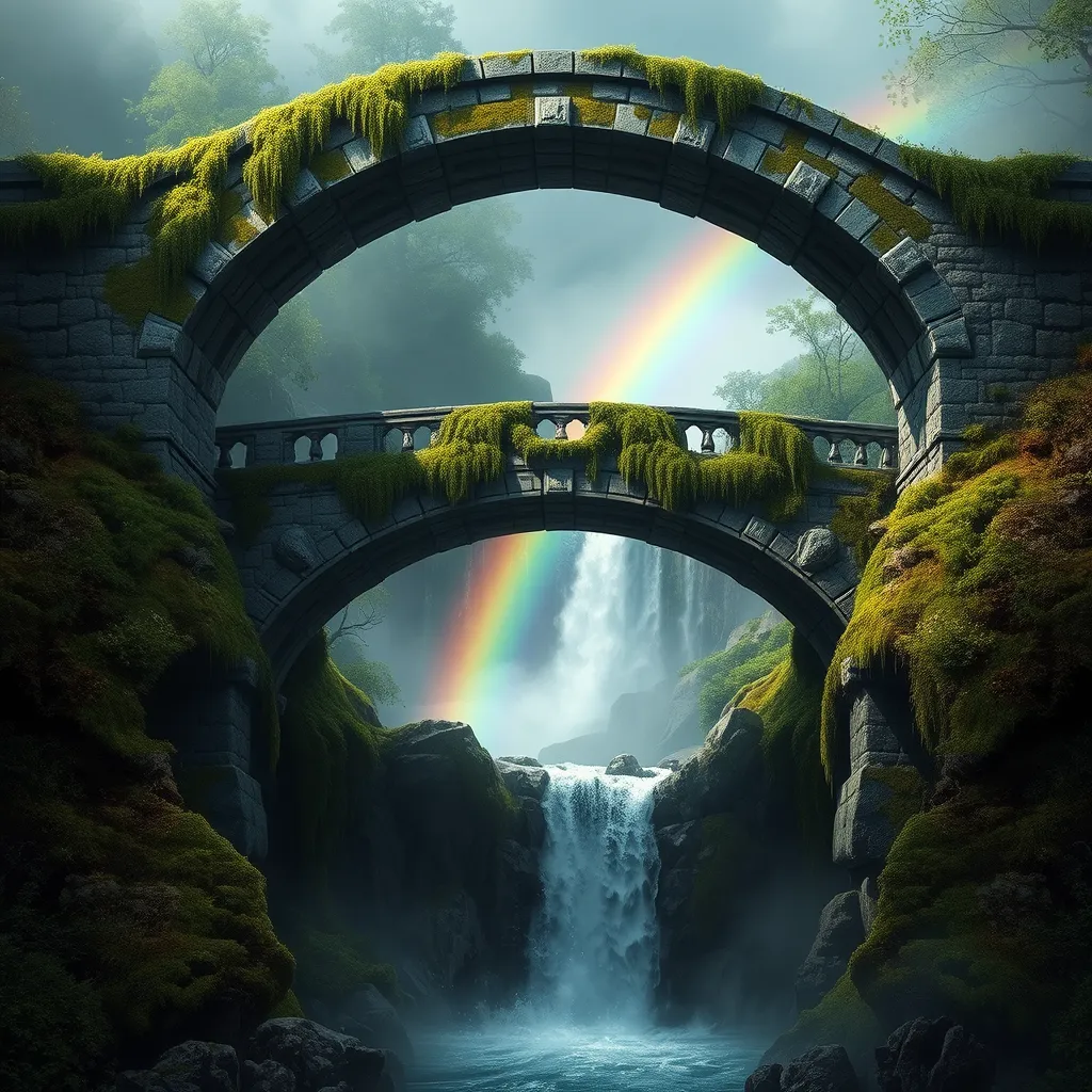 An ancient, moss-covered stone bridge arching over a cascading waterfall, with mist rising to meet a vibrant rainbow.