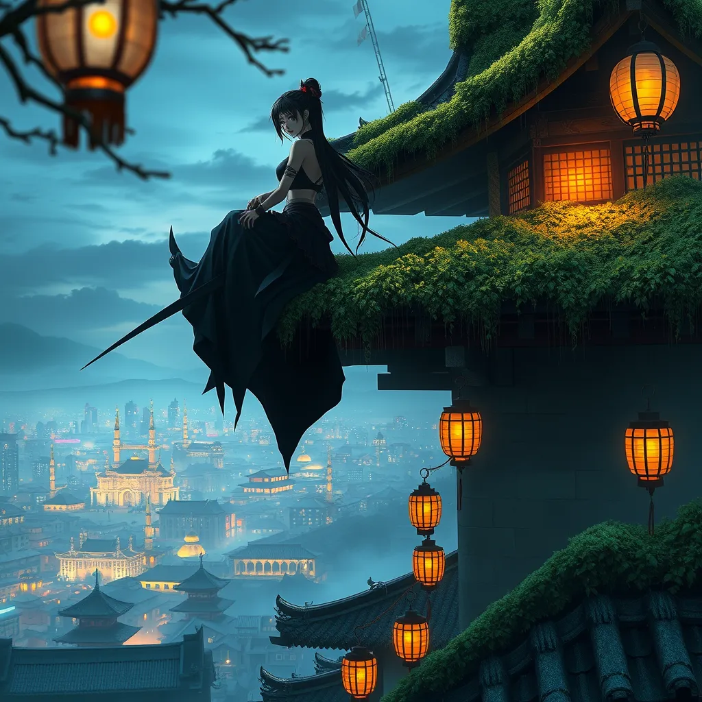 A stunning female ninja perched atop a moss-covered roof of a traditional Japanese temple, the cityscape below her sprawling and illuminated by the soft glow of lanterns, her silhouette sharply defined against the twilight sky