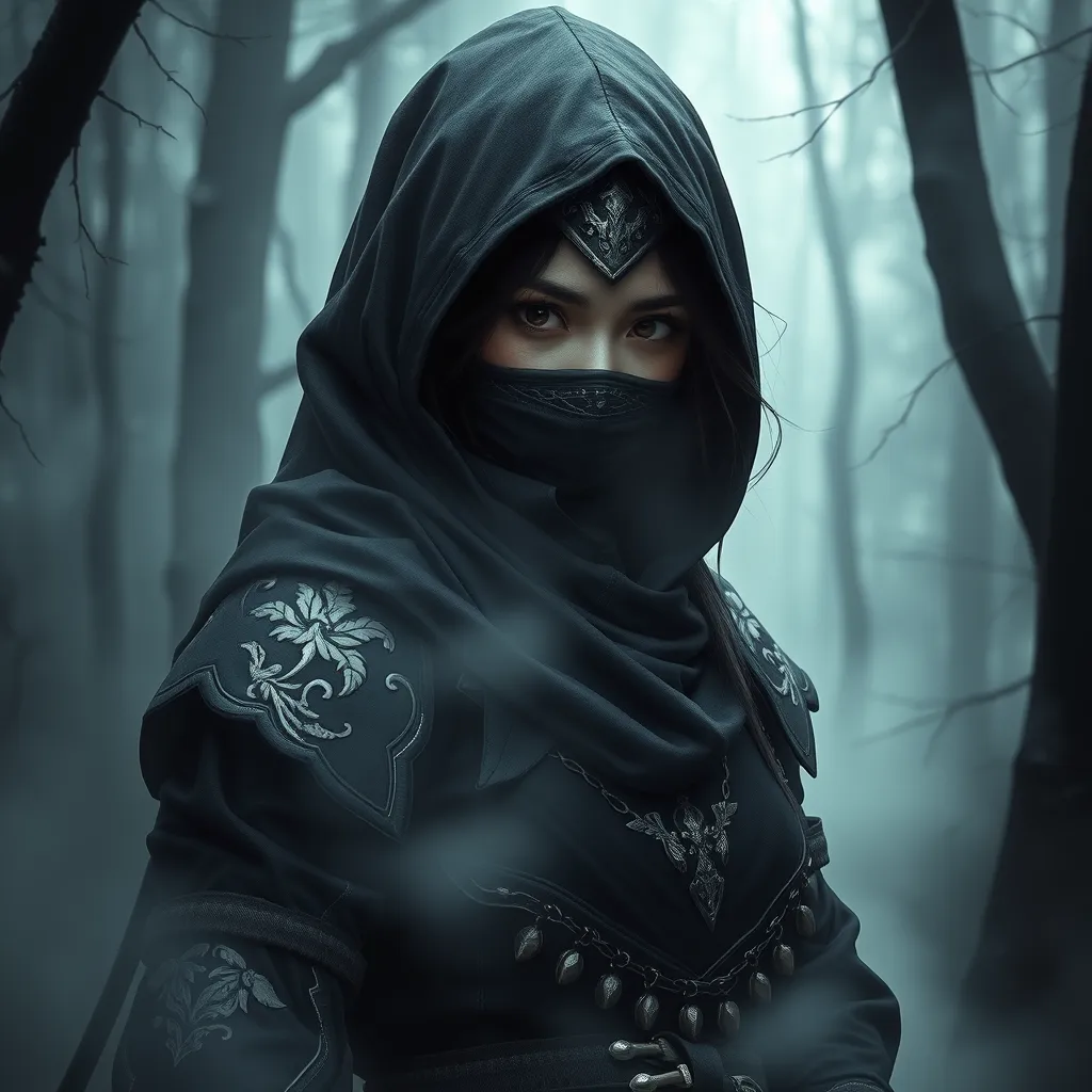 A captivating female ninja concealed within a mist-laden forest, her features partially obscured by a veil of fog, her attire a mix of stealthy dark fabrics and intricate silver detailing, the environment around her both haunting and enchanting