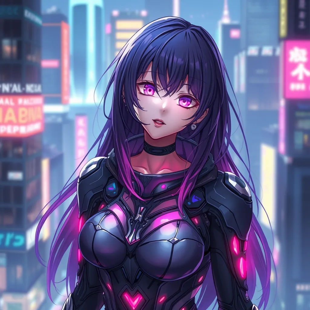 A mysterious anime character with deep purple hair, wearing a futuristic cybernetic suit, standing in a neon-lit cityscape at night, the glow reflecting off her eyes which seem to hold the secrets of the universe.