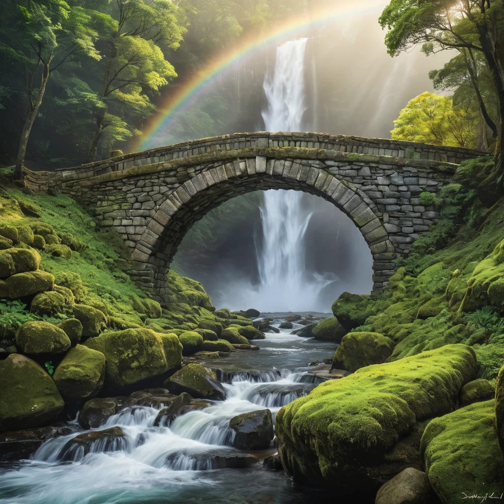 An ancient, moss-covered stone bridge arching over a cascading waterfall, with mist rising to meet a vibrant rainbow.