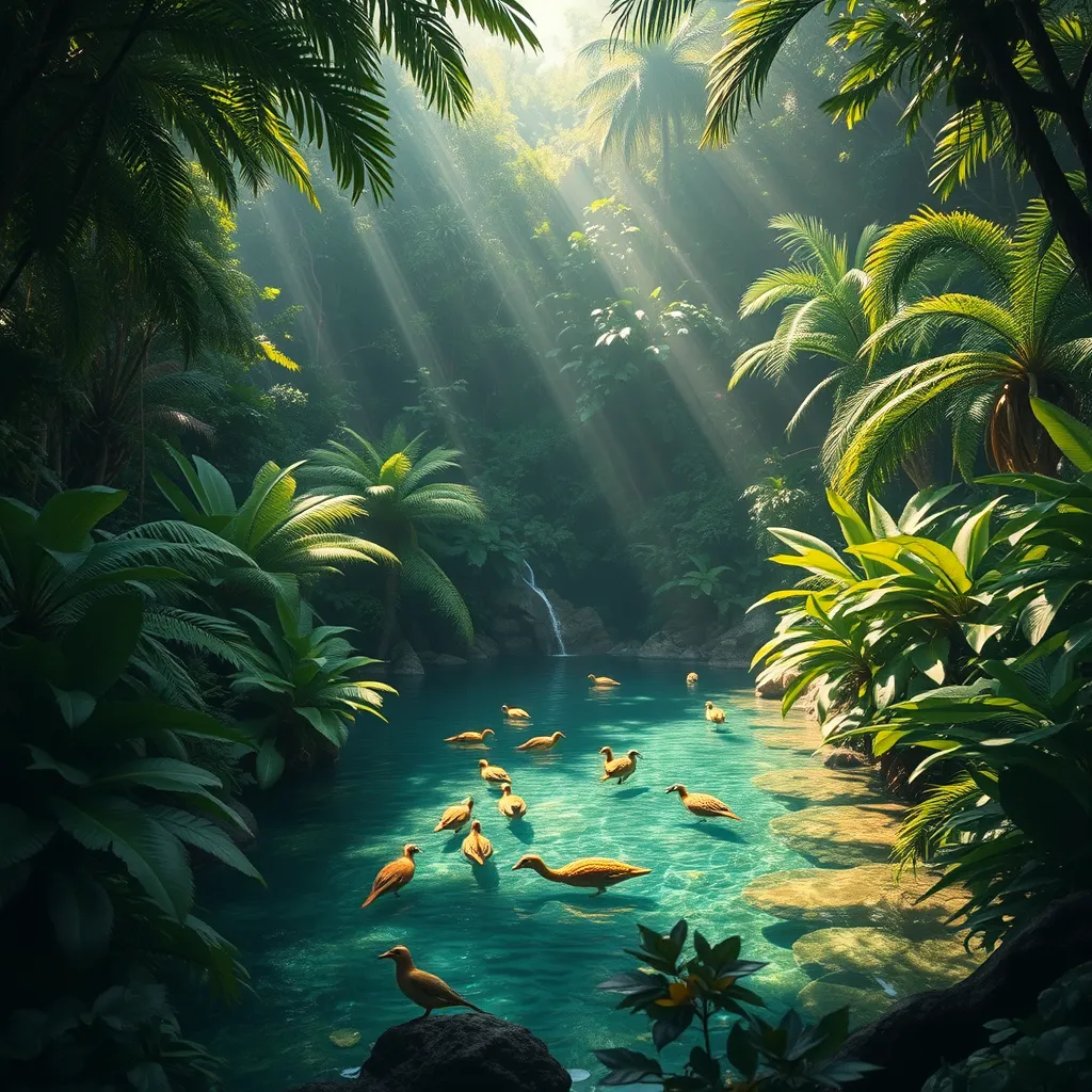 A lush, overgrown jungle clearing, where sunlight filters through dense foliage, illuminating a crystal-clear pool teeming with exotic wildlife.