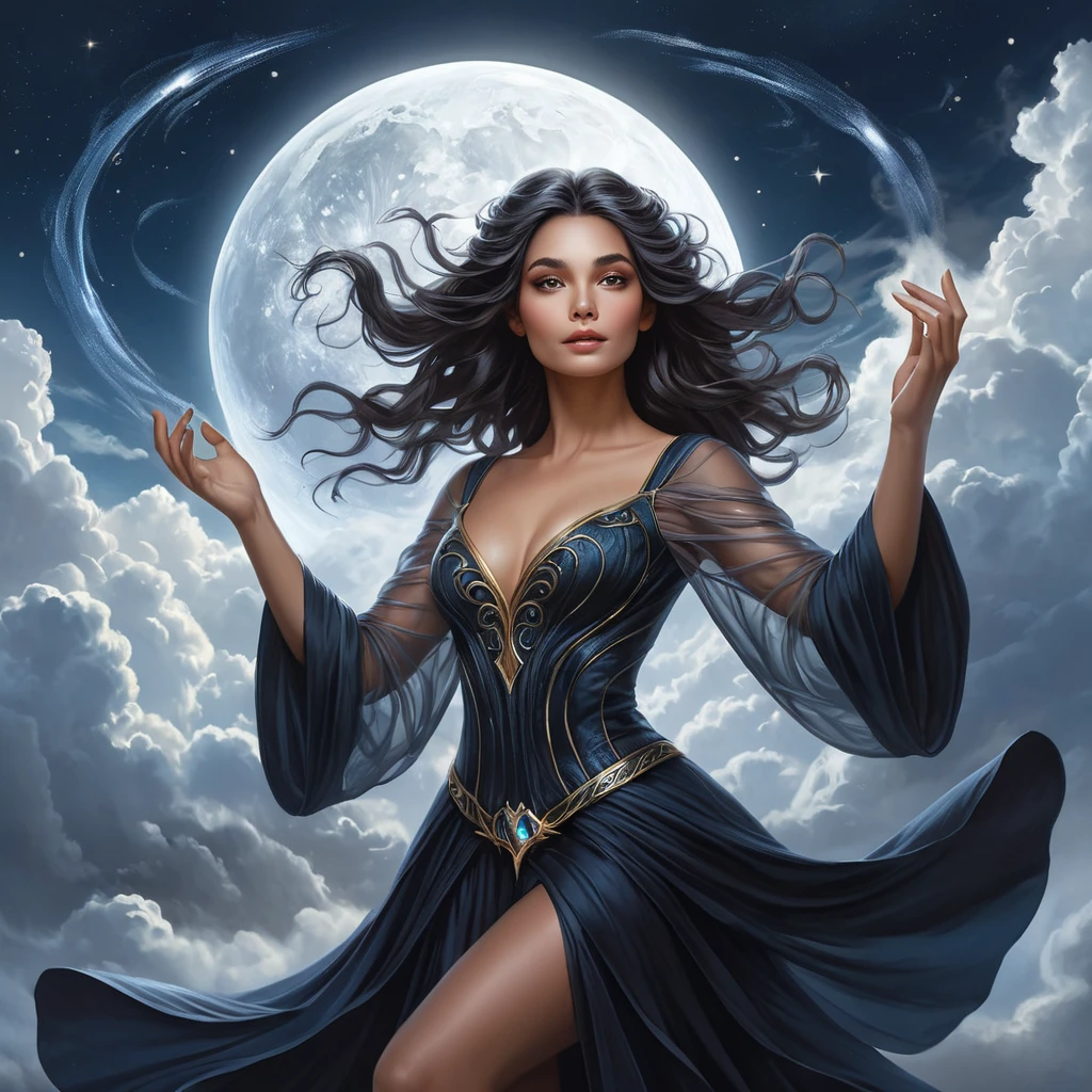 A captivating female witch, with hair as dark as midnight and skin as pale as moonlight, floats above a sea of clouds, her hands weaving patterns in the air as she casts a spell, the sky above her filled with streaks of iridescent light.