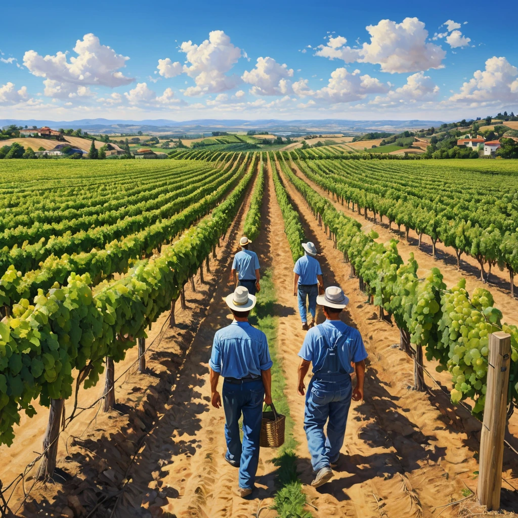 A sprawling, vibrant vineyard at harvest time, rows of grapevines stretching to the horizon under a clear, blue sky, with workers bustling among the vines.