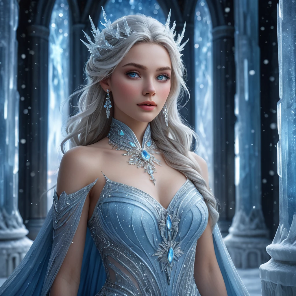 An ethereal portrait of a beautiful female ice sorceress, her eyes shimmering with a cold, blue light, wearing a gown made of frost and snowflakes, standing in a grand hall of ice pillars that reach towards a starry night sky.