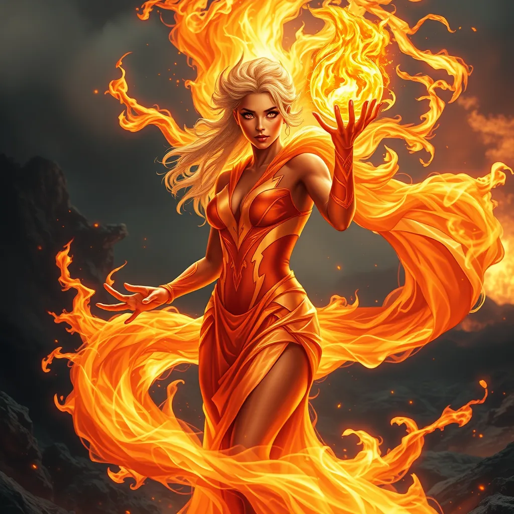 A radiant female fire sorceress, her form engulfed in a swirling cloak of flames, standing before a volcanic backdrop, her eyes glowing with an intense, fiery passion, her hands outstretched, manipulating a sphere of molten fire.