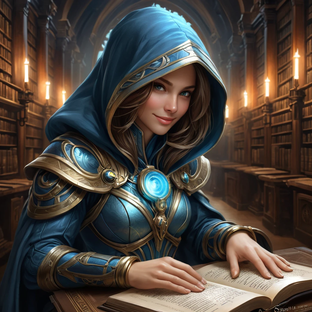 A mesmerizing female rogue from StarCraft, cloaked in shadows within a grand, ancient library filled with holographic scrolls and digital artifacts, her hands gently touching a glowing ancient tome, her face partially hidden, revealing a mysterious smile.