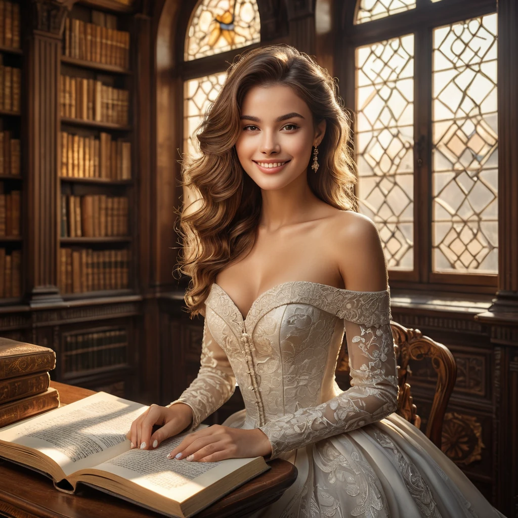 A breathtaking model with an enigmatic smile, seated in a vintage library, surrounded by ancient tomes and soft, warm light filtering through ornate windows.