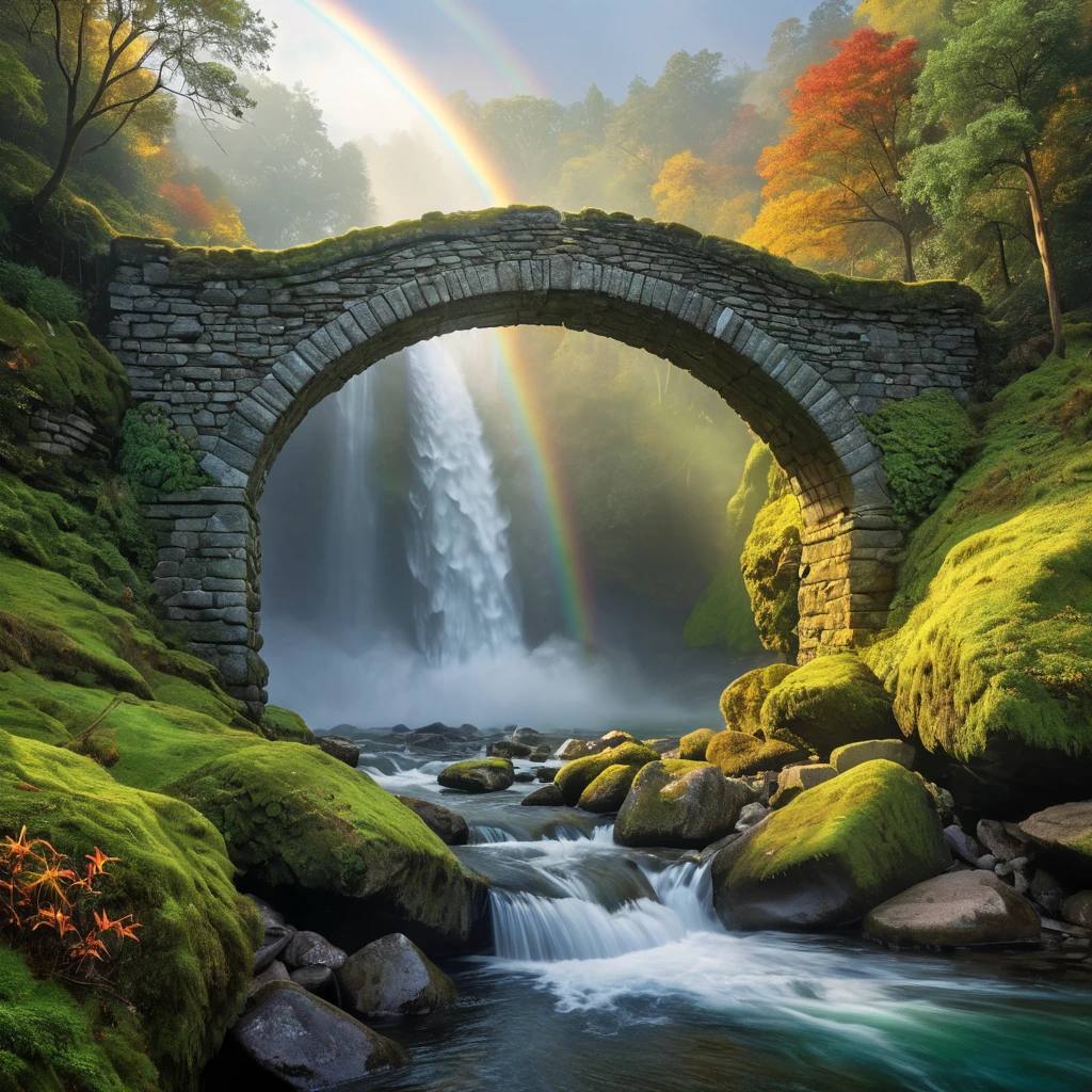 An ancient, moss-covered stone bridge arching over a cascading waterfall, with mist rising to meet a vibrant rainbow.