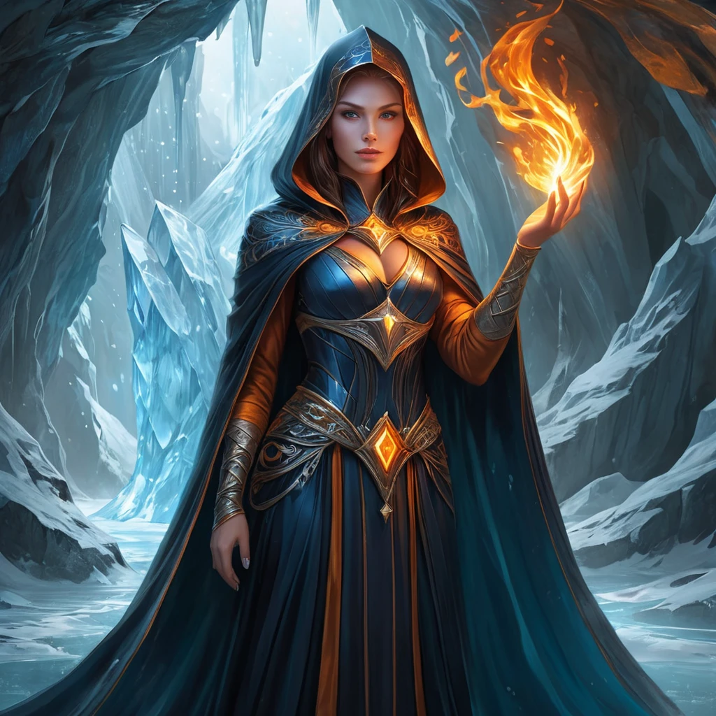 A mesmerizing female fire sorceress, cloaked in a veil of shimmering fire, standing within a cavern of crystal-clear ice, her presence causing the air to shimmer with heat, her eyes reflecting both fire and ice, a paradox of power.