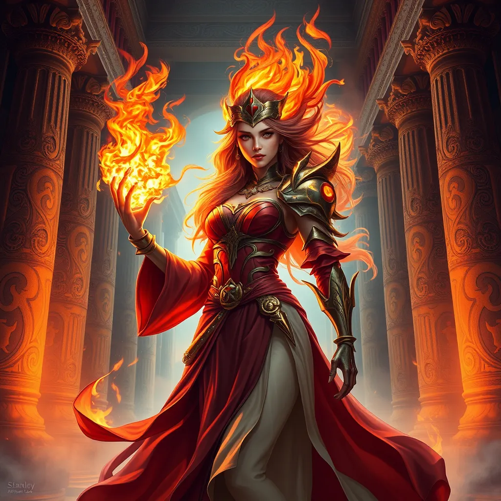 A stunning female fire sorceress, depicted in a grand, ancient temple, surrounded by pillars carved with fiery symbols, her attire a blend of flowing robes and fiery armor, her hair ablaze with ethereal fire, her expression serene yet powerful.