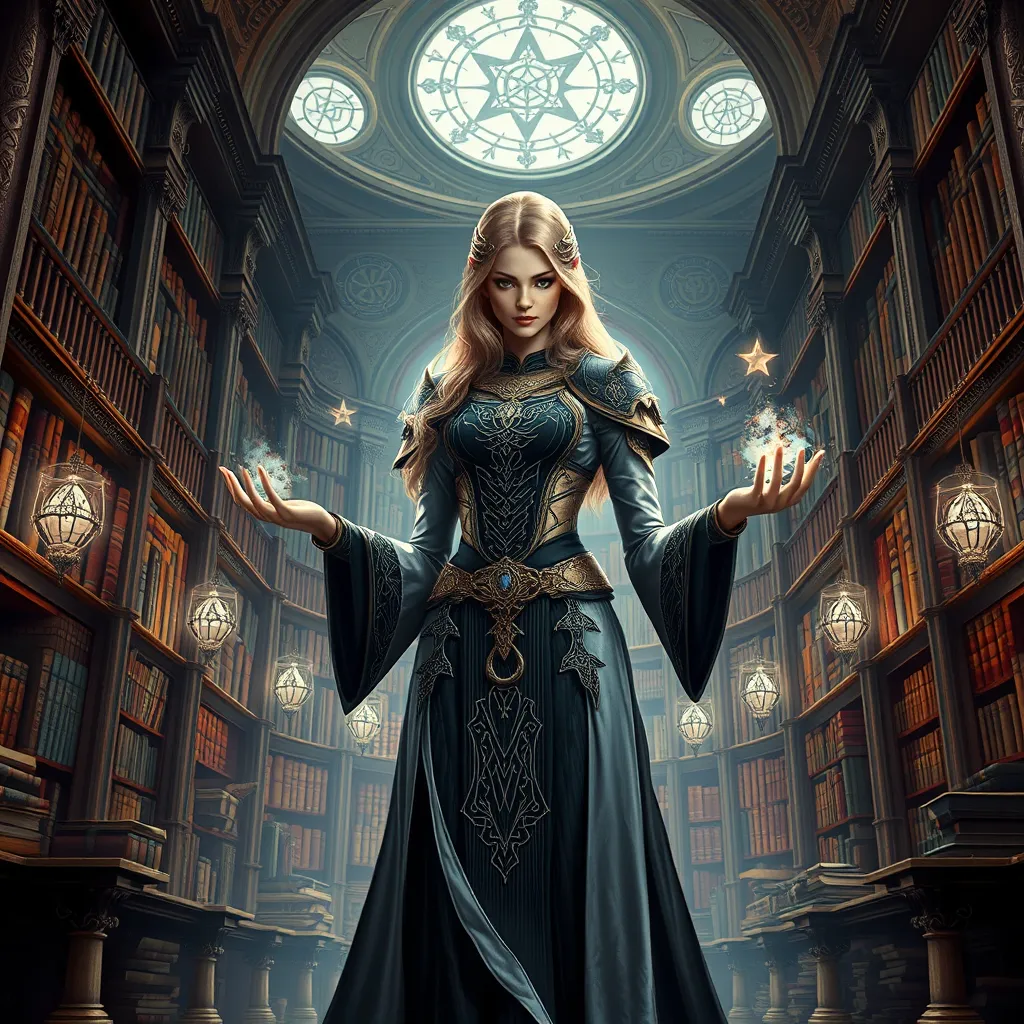 A powerful female sorceress standing before a grand, ancient library, her eyes scanning the endless rows of books, her hands glowing with arcane knowledge, the walls adorned with intricate runes and symbols.