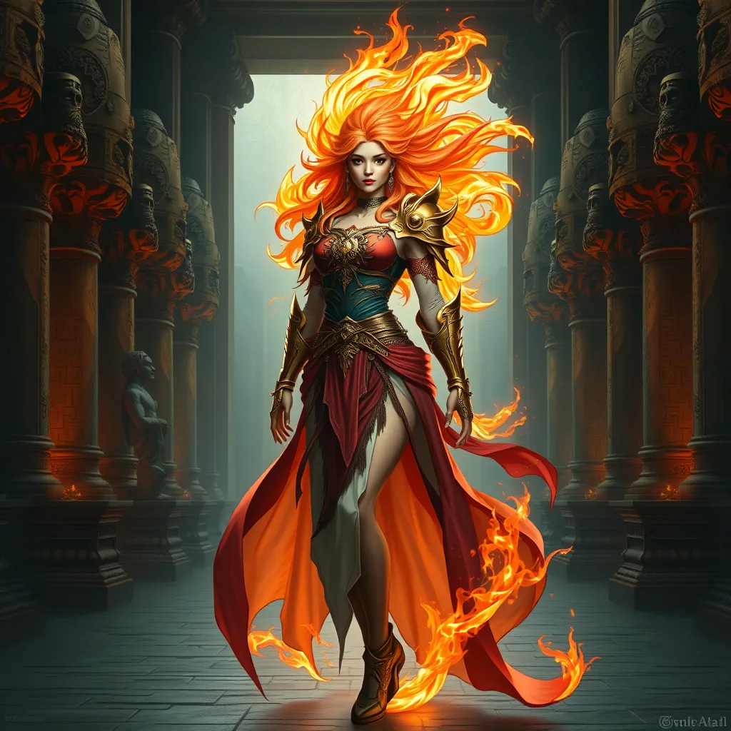 A stunning female fire sorceress, depicted in a grand, ancient temple, surrounded by pillars carved with fiery symbols, her attire a blend of flowing robes and fiery armor, her hair ablaze with ethereal fire, her expression serene yet powerful.