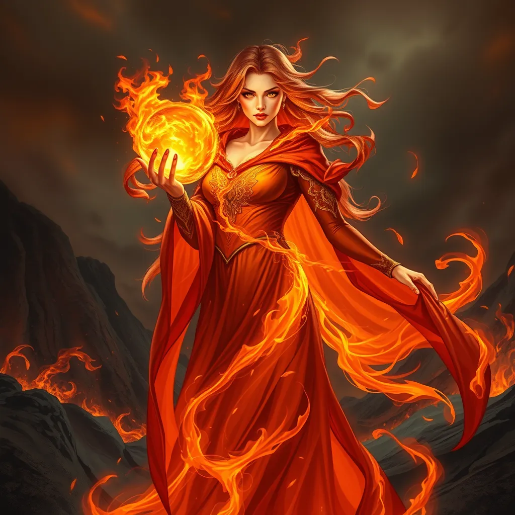 A radiant female fire sorceress, her form engulfed in a swirling cloak of flames, standing before a volcanic backdrop, her eyes glowing with an intense, fiery passion, her hands outstretched, manipulating a sphere of molten fire.