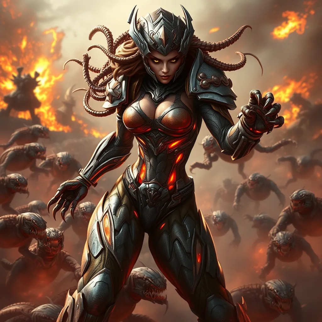 Sarah Kerrigan, the ruler of the Swarm, portrayed in a dynamic action shot, her body contorted in a battle stance, surrounded by a swarm of Zerglings, her armor detailed with the textures of chitinous plates and glowing veins, against a backdrop of a burning Terran colony.