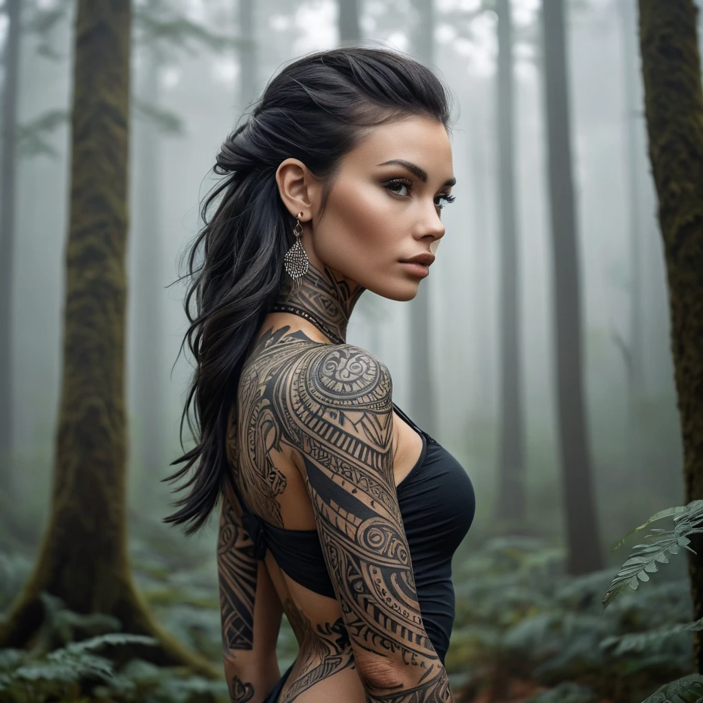 A striking tattooed woman with a tribal design that flows from her hands to her shoulders, standing in a misty forest, the patterns on her skin blending seamlessly with the natural surroundings.