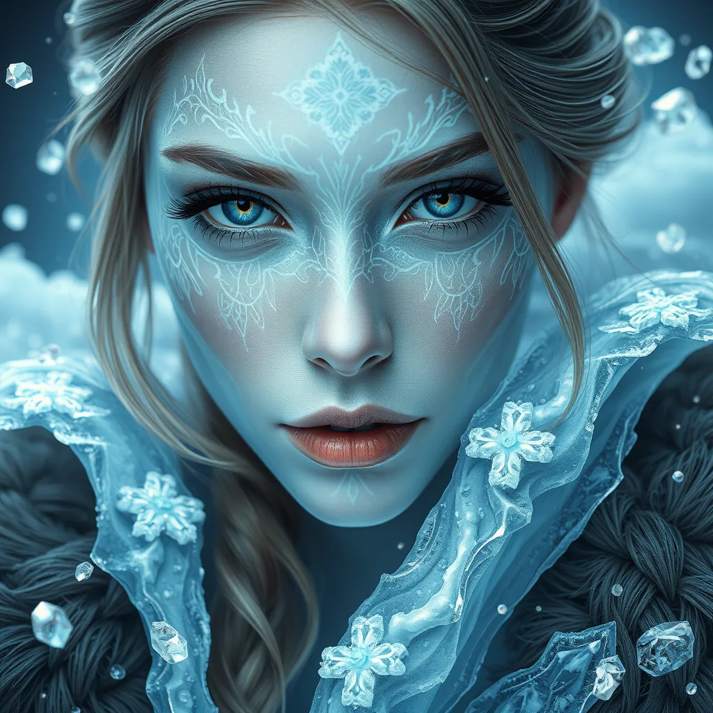 A close-up of a beautiful female ice sorceress, her skin pale as snow, adorned with intricate ice patterns that seem to move and breathe, her expression serene yet powerful, surrounded by a halo of floating ice crystals.