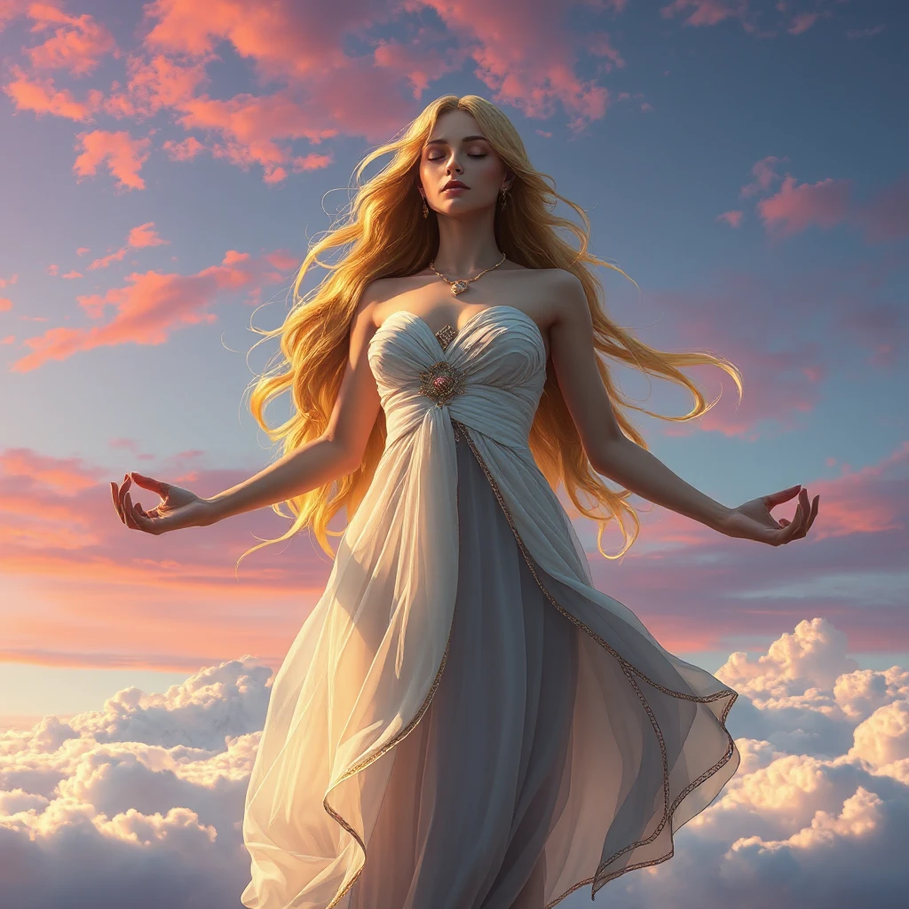 A captivating female sorceress floating above a sea of clouds, her hair flowing like a river of gold, her eyes closed in deep meditation, the sky painted with hues of purple and pink at her command.