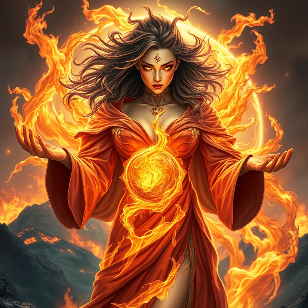 A radiant female fire sorceress, her form engulfed in a swirling cloak of flames, standing before a volcanic backdrop, her eyes glowing with an intense, fiery passion, her hands outstretched, manipulating a sphere of molten fire.