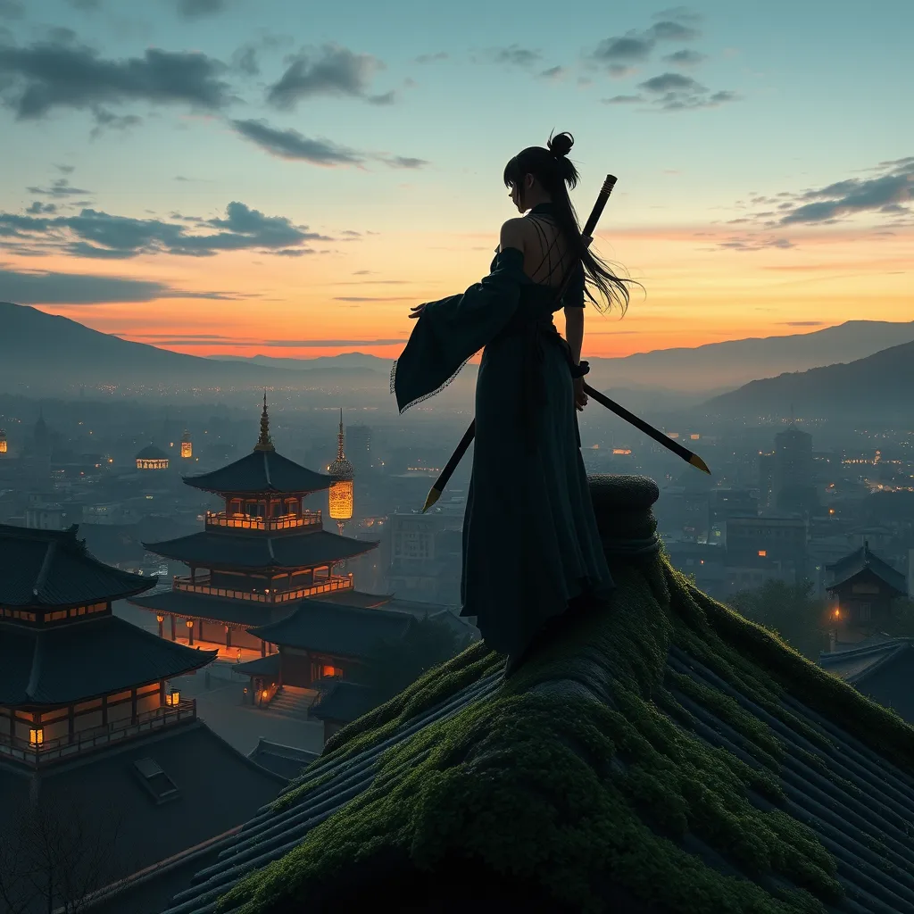 A stunning female ninja perched atop a moss-covered roof of a traditional Japanese temple, the cityscape below her sprawling and illuminated by the soft glow of lanterns, her silhouette sharply defined against the twilight sky