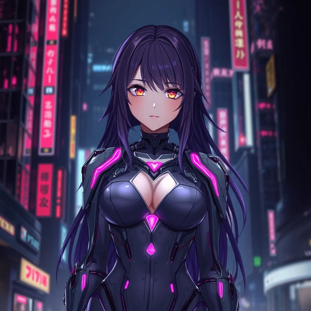 A mysterious anime character with deep purple hair, wearing a futuristic cybernetic suit, standing in a neon-lit cityscape at night, the glow reflecting off her eyes which seem to hold the secrets of the universe.