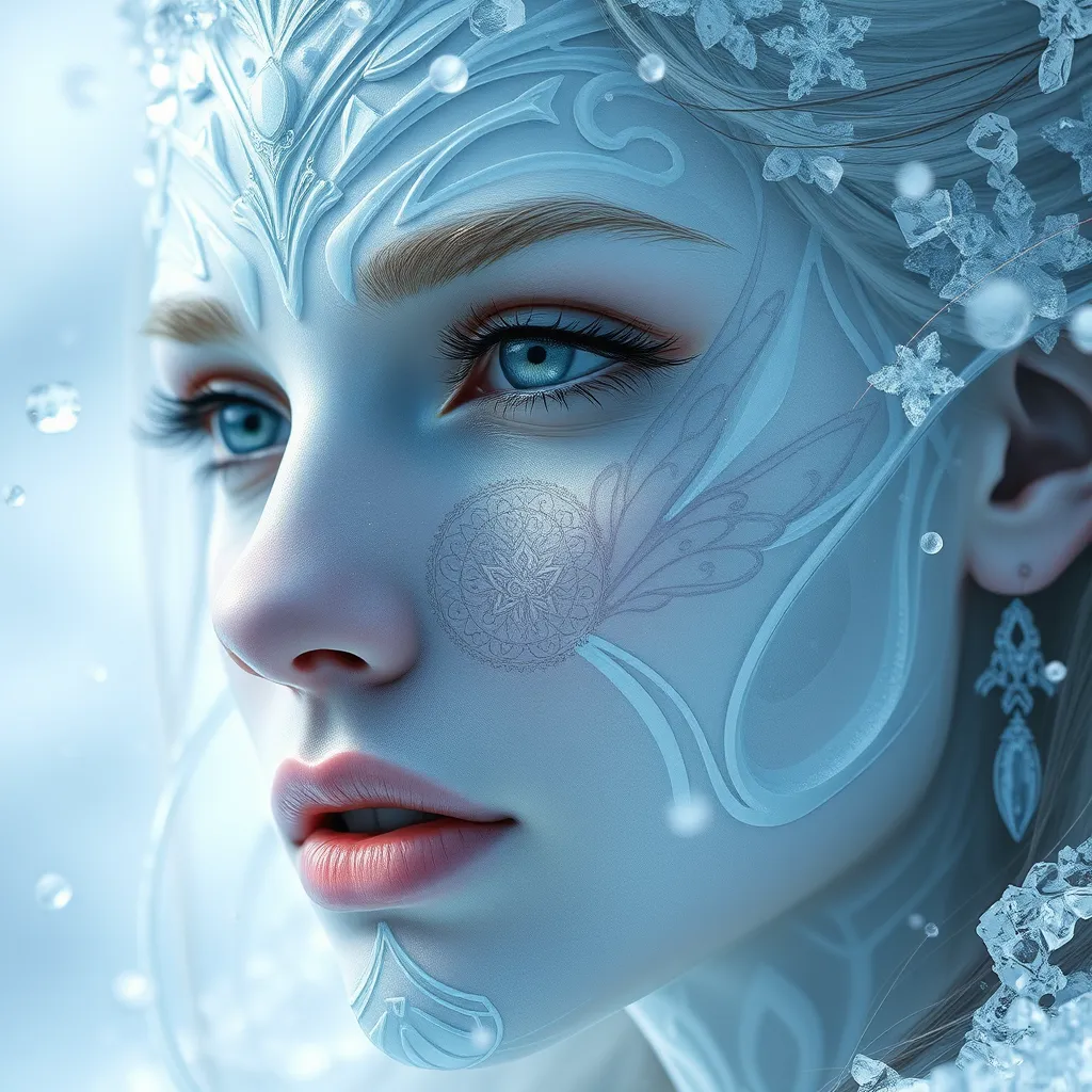 A close-up of a beautiful female ice sorceress, her skin pale as snow, adorned with intricate ice patterns that seem to move and breathe, her expression serene yet powerful, surrounded by a halo of floating ice crystals.