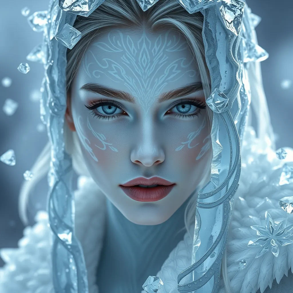 A close-up of a beautiful female ice sorceress, her skin pale as snow, adorned with intricate ice patterns that seem to move and breathe, her expression serene yet powerful, surrounded by a halo of floating ice crystals.