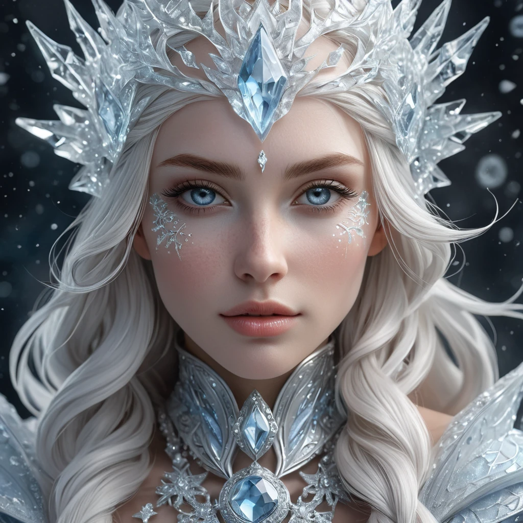 A close-up of a beautiful female ice sorceress, her skin pale as snow, adorned with intricate ice patterns that seem to move and breathe, her expression serene yet powerful, surrounded by a halo of floating ice crystals.